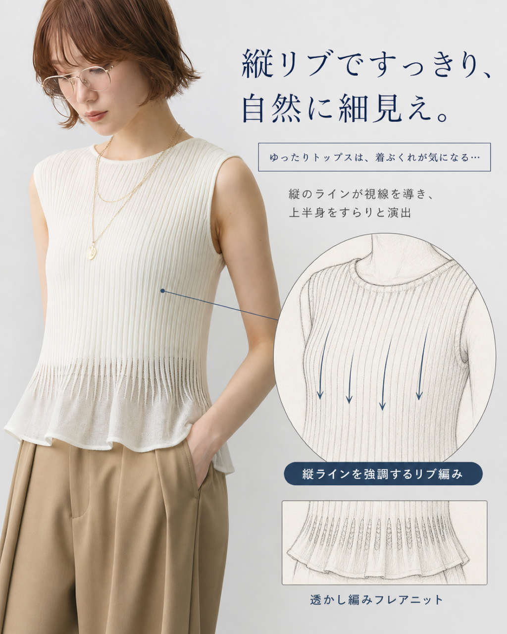 薄手スリム見えストレッチノースリーブニット