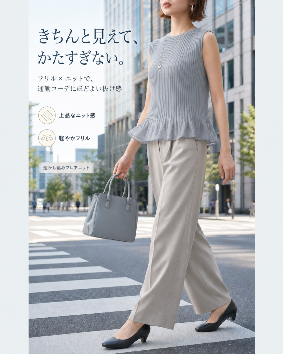 薄手スリム見えストレッチノースリーブニット